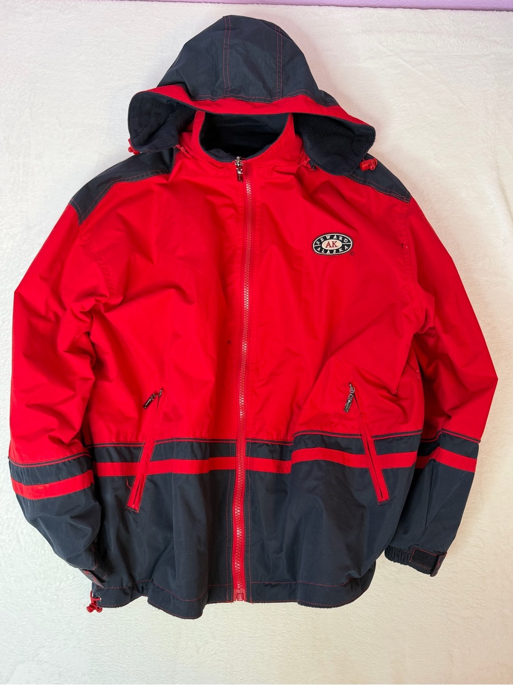 Seward Alaska Hooded Jacket Mens XL Red Black Fleece Lined Full Zip Coat‎